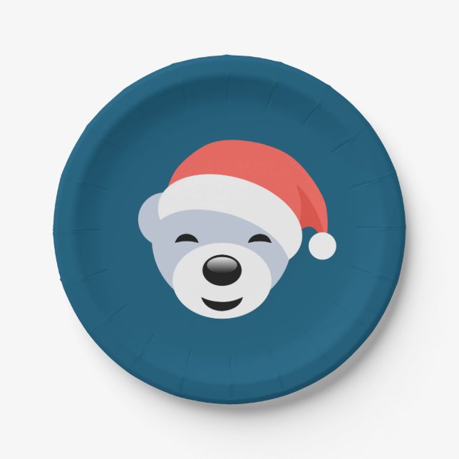 Weihnachtsbär in Red Hat auf Blue Pappteller (Vorderseite)
