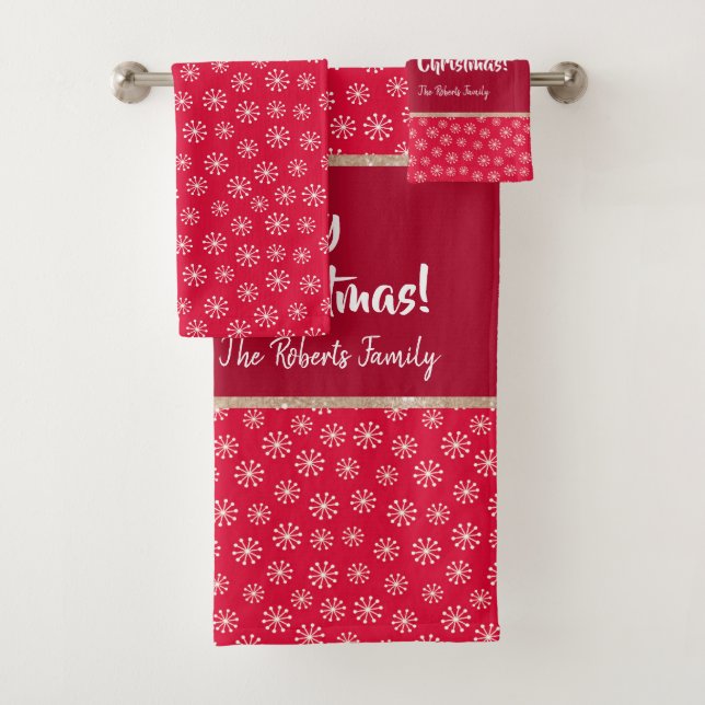 Weihnachtsbär mit Geschenk und Schneeflocken, rot Badhandtuch Set (Insitu)