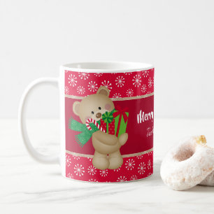 Weihnachtsbär mit Geschenk und Schneeflocken, rot Kaffeetasse