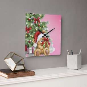 Weihnachtsbär mit prächtiger und baumischer Dekora Quadratische Wanduhr