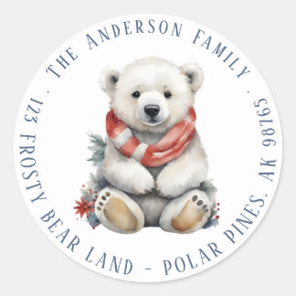 Weihnachtsbär mit Red Scarf Rücksendeadresse Runder Aufkleber