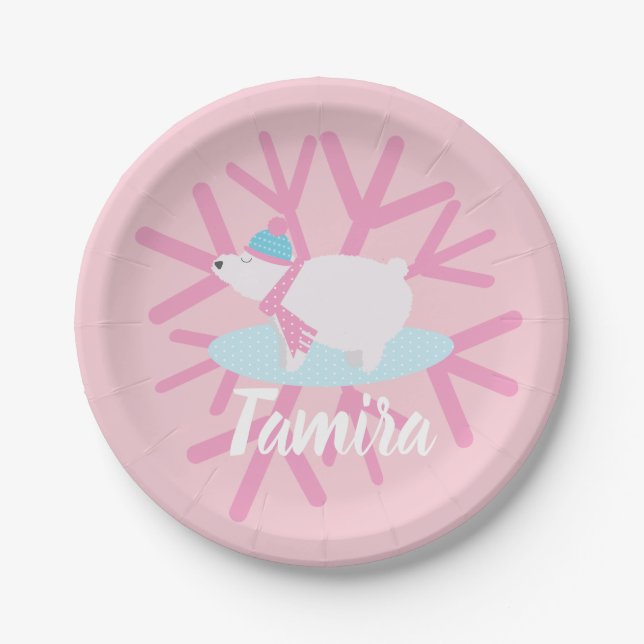 Weihnachtsbär Party Schneeflocken Pappteller (Vorderseite)