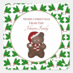 Weihnachtsbär und Holly Custom Quadratischer Aufkleber