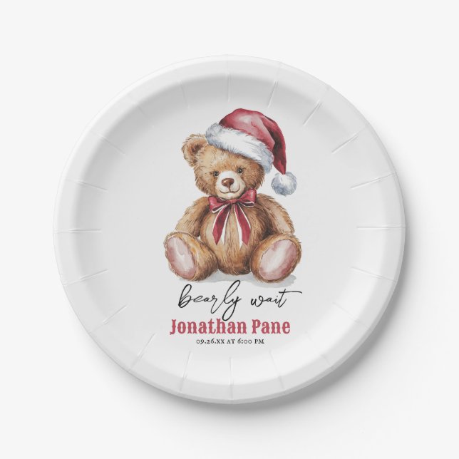 Weihnachtsbär Wasserfarbe Bearly Wait Baby Dusche Pappteller (Vorderseite)