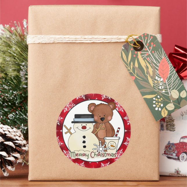 Weihnachtsbärchen-Cartoon Runder Aufkleber (Feiertag)