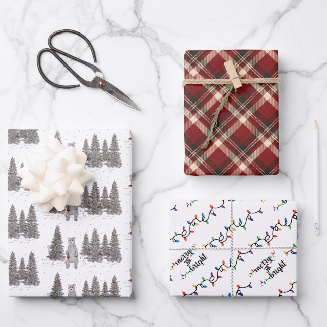Weihnachtsbären, Karierte und Weihnachtsbeleuchtun Geschenkpapier Set (Vorderseite)