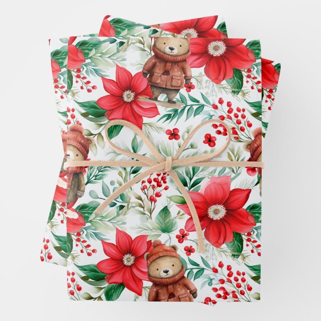 Weihnachtsbären und Poinsettias Umschlagpapier Geschenkpapier Set (Beispiel)