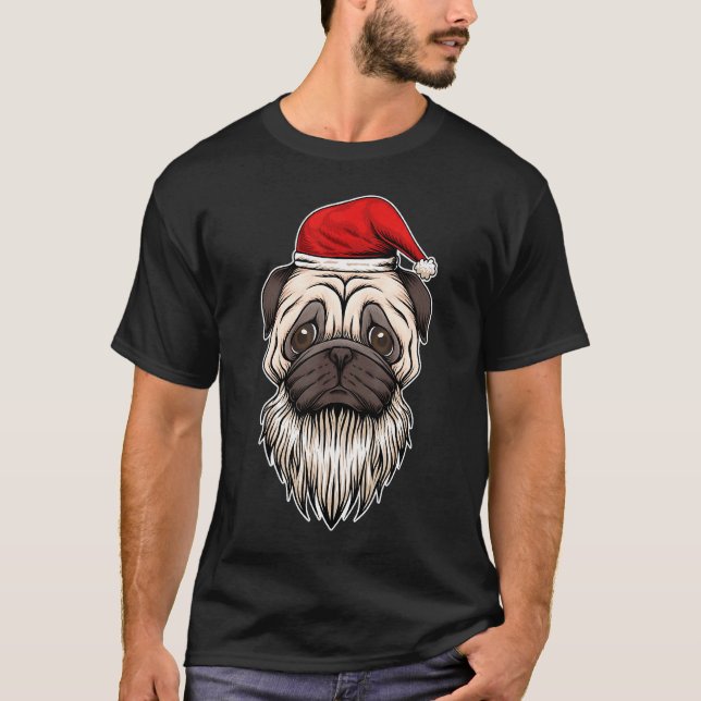 Weihnachtsbart-Mops mit Santas Hut T-Shirt (Vorderseite)