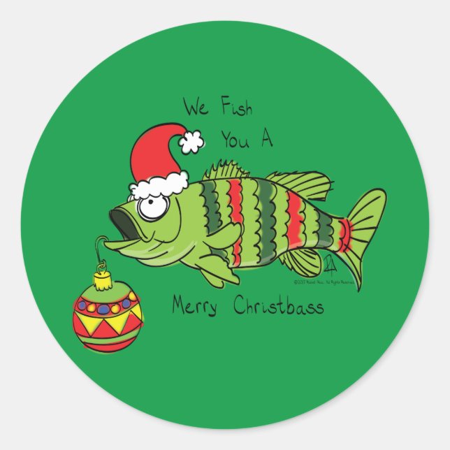Weihnachtsbass Fischen Niedlicher Cartoon Runder Aufkleber (Vorderseite)