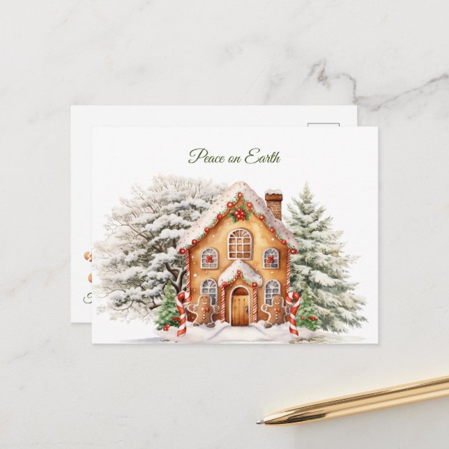 Weihnachtsbauernhaus Weltfrieden Gingerbrot Postkarte (Vorderseite/Rückseite Beispiel)