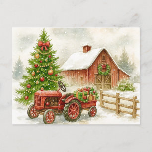 Weihnachtsbauernhof Morgen Roter Traktor Scheune P Feiertagspostkarte