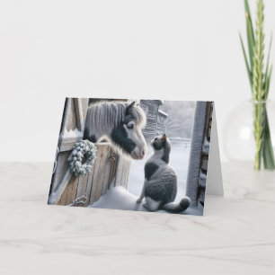 Weihnachtsbauernhof Pony und Katze Feiertagskarte