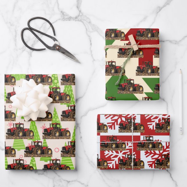 Weihnachtsbauernhof Red Traktor Ausrüstung Festiva Geschenkpapier Set (Vorderseite)