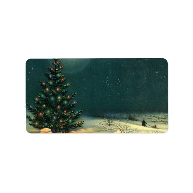 Weihnachtsbaum am Abend mit Lichtern Adressaufkleber (Vorne)