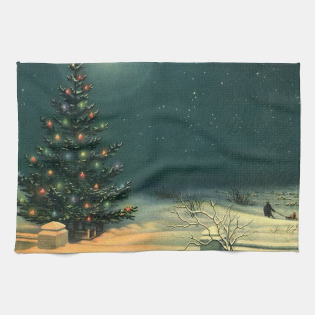 Weihnachtsbaum am Abend mit Lichtern Geschirrtuch (Horizontal)