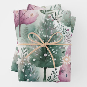 Weihnachtsbaum Aquarell Lila grün Geschenkpapier Set