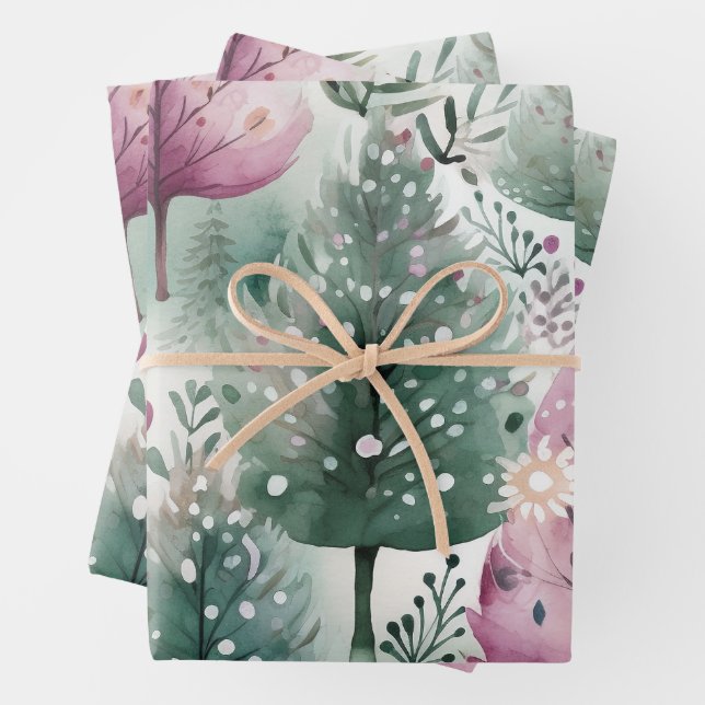 Weihnachtsbaum Aquarell Lila grün Geschenkpapier Set (Beispiel)