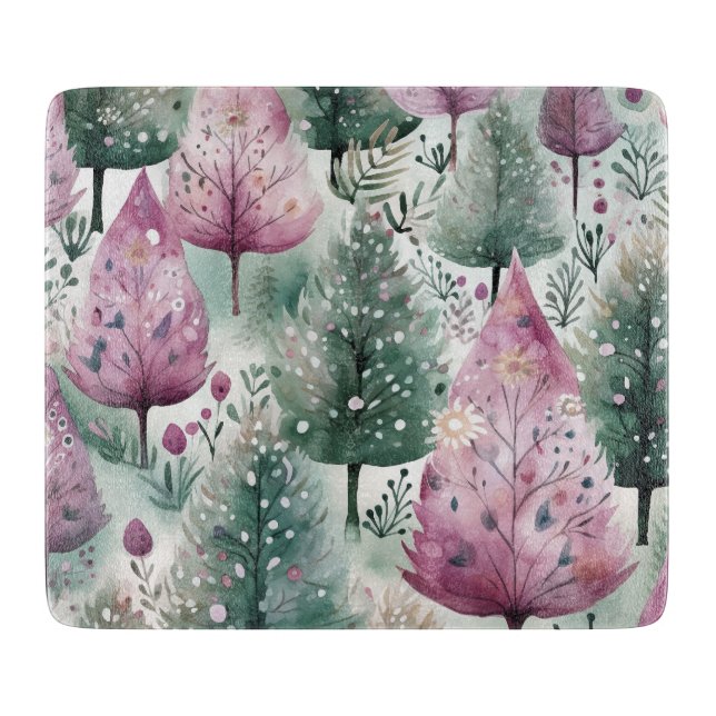 Weihnachtsbaum Aquarell Lila grün Schneidebrett (Vorderseite)