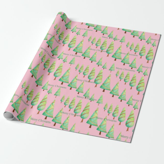 Weihnachtsbaum Aquarell Pink Wrapping Paper Geschenkpapier (Ungerollt)