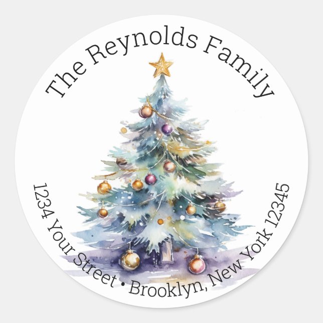 Weihnachtsbaum - Aquarellfarben-Rücksendeadressen- Runder Aufkleber (Vorderseite)