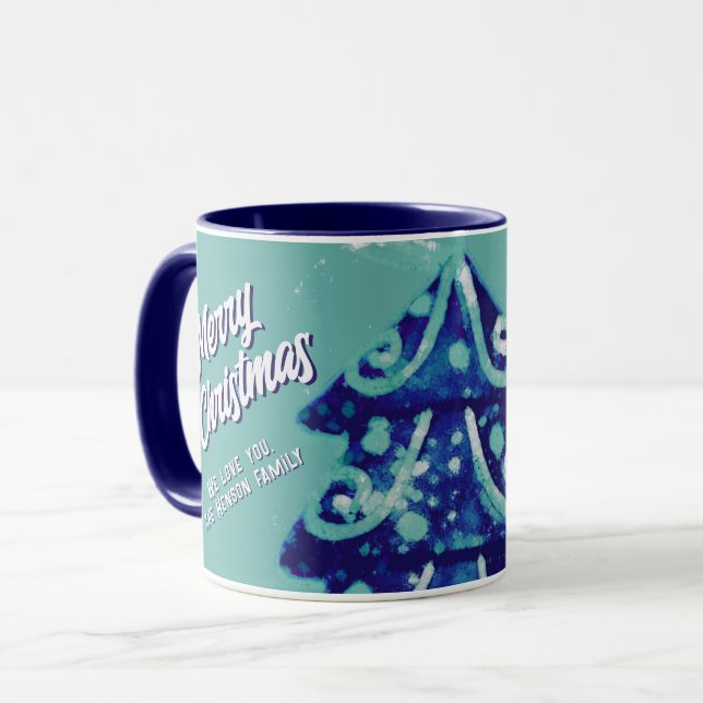 Weihnachtsbaum Artistic Blue Merry Script Familie Tasse (Vorderseite Links)