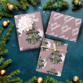 Weihnachtsbaum Artistic Green Pink Merry Script Geschenkpapier Set