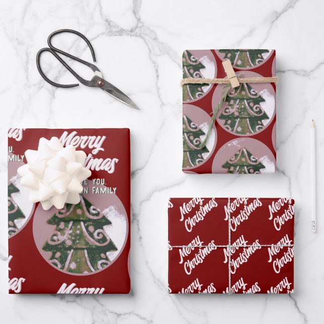 Weihnachtsbaum Artistic Green Pink Merry Script Geschenkpapier Set (Vorderseite)