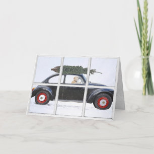 Weihnachtsbaum auf dem Auto mit Hund im Schneefens Karte