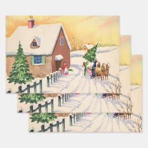 Weihnachtsbaum auf einer schneebedeckten Winterstr Geschenkpapier Set