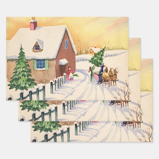 Weihnachtsbaum auf einer schneebedeckten Winterstr Geschenkpapier Set (Set)