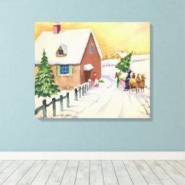 Weihnachtsbaum auf einer schneebedeckten Winterstr Leinwanddruck