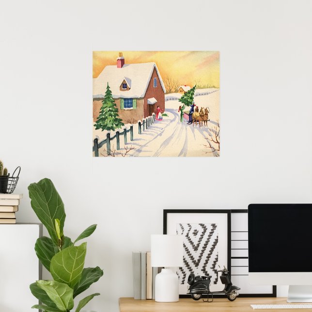 Weihnachtsbaum auf einer schneebedeckten Winterstr Poster (Heimbüro)
