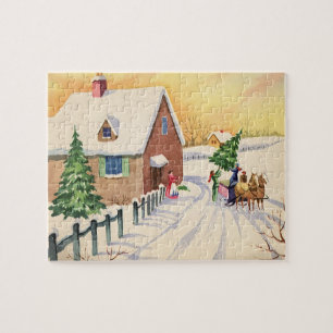 Weihnachtsbaum auf einer schneebedeckten Winterstr Puzzle
