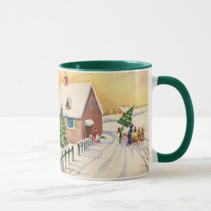 Weihnachtsbaum auf einer schneebedeckten Winterstr Tasse