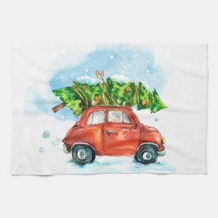 Weihnachtsbaum auf rotem Auto ikonisches Retro-Ger Geschirrtuch