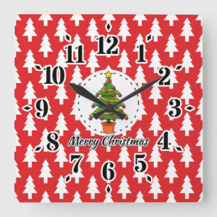 Weihnachtsbaum auf roten Pines Muster - Frohe Weih Quadratische Wanduhr
