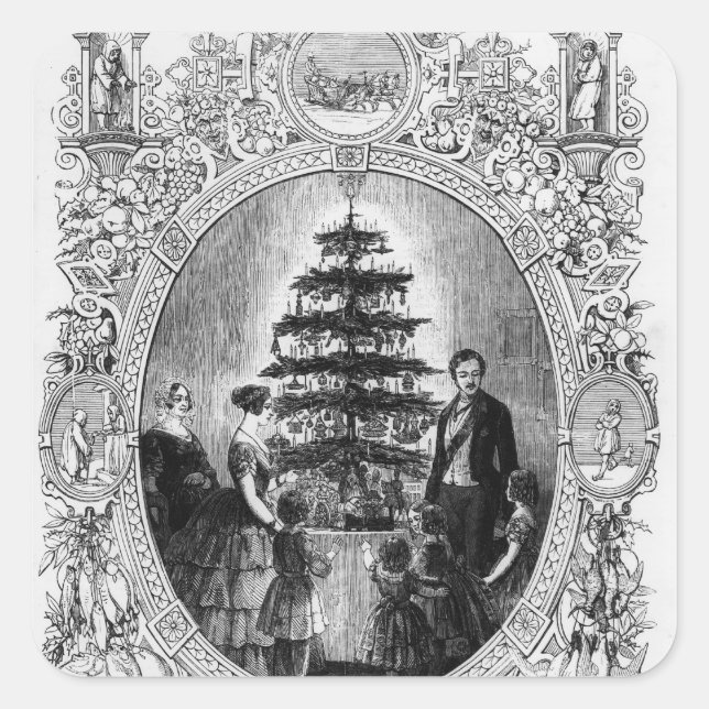 Weihnachtsbaum auf Schloss Windsor, 1848 Quadratischer Aufkleber (Vorderseite)