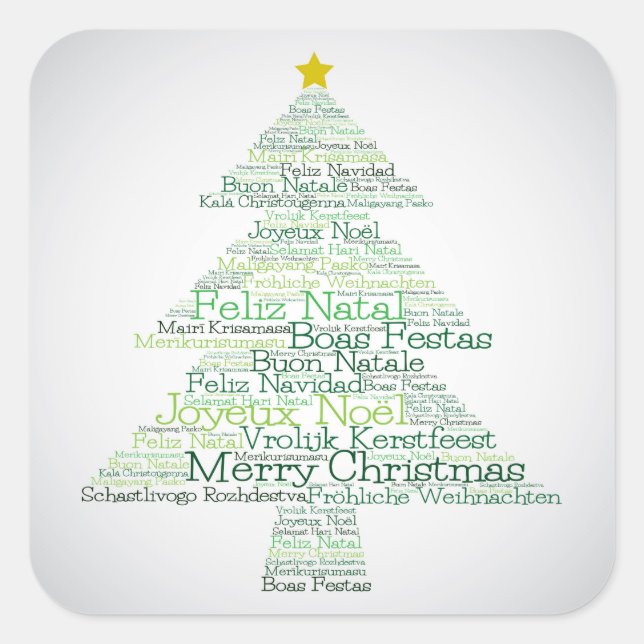 Weihnachtsbaum aus den Worten "Frohe Weihnachten" Quadratischer Aufkleber (Vorderseite)
