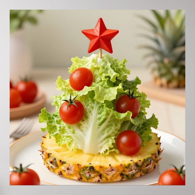 Weihnachtsbaum aus Gemüse, Salatblättern und Kirsc Poster (Vorne)