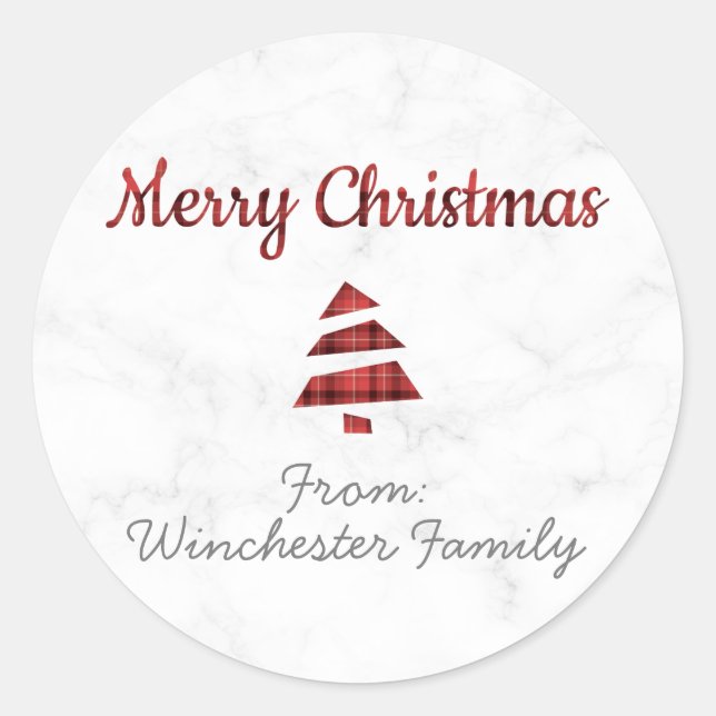 Weihnachtsbaum aus Marmor (Tartan: Rot und Schwarz Runder Aufkleber (Vorderseite)