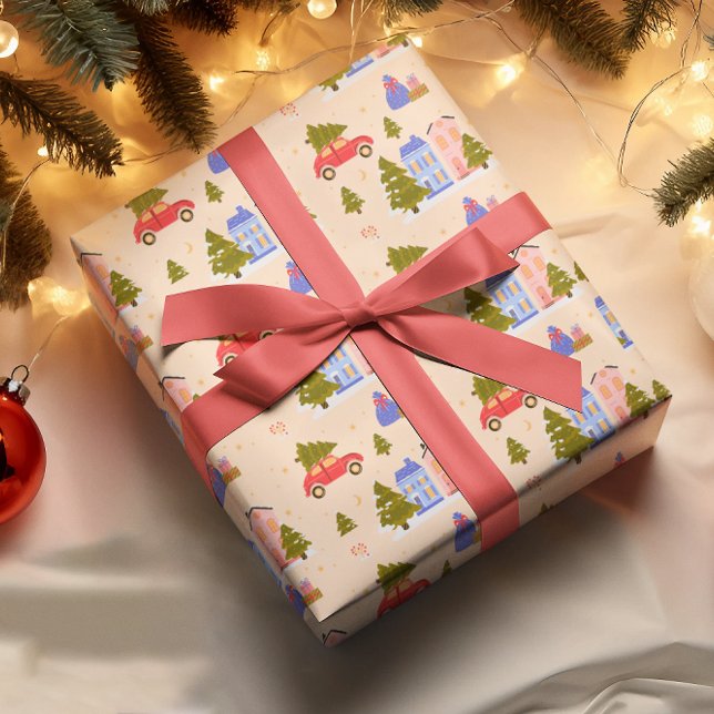 Weihnachtsbaum Auto Haus Illustrationsmuster Geschenkpapier (Von Creator hochgeladen)