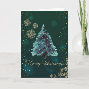 Weihnachtsbaum, Bälle, Schneeflocken Grüner Urlaub Feiertagskarte