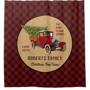 Weihnachtsbaum-Bauernhof-Vintager LKW-rotes Duschvorhang
