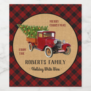 Weihnachtsbaum-Bauernhof-Vintager LKW-rotes Weinetikett