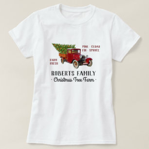 Weihnachtsbaum-Bauernhof-Vintager roter T-Shirt