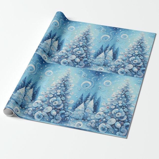 Weihnachtsbaum Blaue Decoupage Whimsical Geschenkpapier (Ungerollt)
