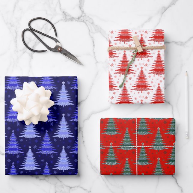 Weihnachtsbaum Blaues grünes Muster Design Geschenkpapier Set (Vorderseite)