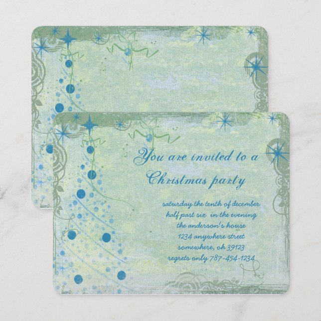 Weihnachtsbaum Blues Grunge Party Einladung (Vorne/Hinten)