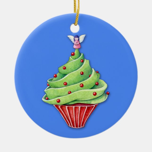 Weihnachtsbaum Cupcake blauer Ornament (Vorne)
