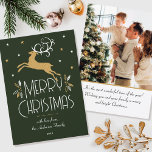 Weihnachtsbaum Custom Foto Dark Green Gold Karte<br><div class="desc">Eine Weihnachtskarte im Art-Déco-Stil mit bearbeitbarem Text und eigenem Foto auf der Rückseite. Dieses stilvolle Template verfügt über einen springenden Rentier mit dekorativen Blätter und Sternen. Der Text kann mit Namen,  Datum und persönlichem Gruß personalisiert werden. Farben: sehr dunkelgrün,  weiß und eine goldene Textur.</div>